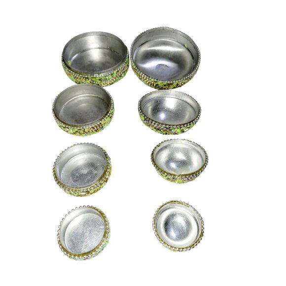 Vintage Round Nesting Trinket Boxes Green Beaded and Mirrored Four in One - Picture 9 of 12